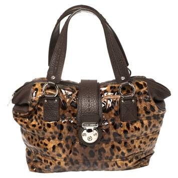 Pre Owned Dolce & Gabbana Beige/Brown Leopard Print Patent Leather Miss Very Sexy Satchel
