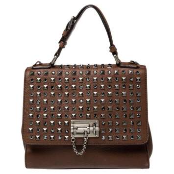 Pre Owned Dolce & Gabbana Brown Leather Medium Monica Studded Top Handle Bag