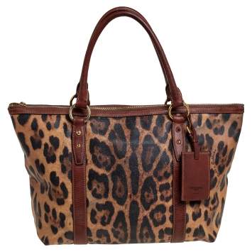Pre Owned Dolce & Gabbana Brown Leopard Print Coated Canvas Animalier Shopper Tote