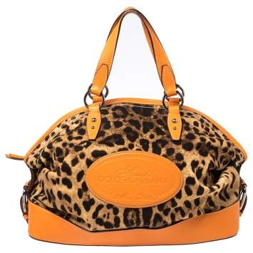 Pre Owned Dolce & Gabbana Orange/Brown Animal Print Canvas and Leather Animalier Satchel