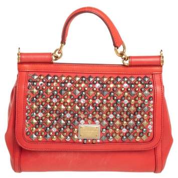 Pre Owned Dolce &Gabbana Orange Leather Embellished Miss Sicily Top Handle Bag