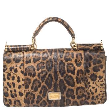 Pre Owned Dolce & Gabbana Brown Leopard Print Lizard Leather Top Handle bag