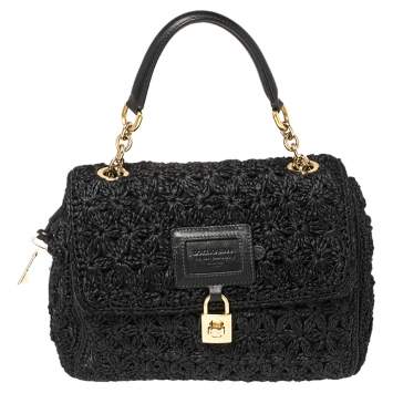Pre Owned Dolce & Gabbana Black Raffia And Leather Miss Dolce Top Handle Bag
