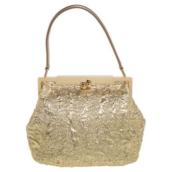 Pre Owned Dolce & Gabbana Metallic Gold Brocade Fabric Sara Frame Bag
