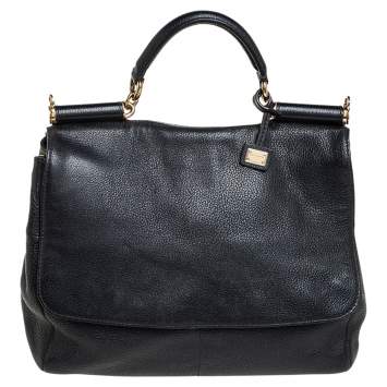 Pre Owned Dolce & Gabbana Black Leather Large Miss Sicily Soft Top Handle Bag