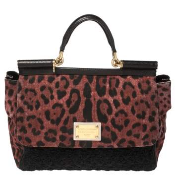 Pre Owned Dolce & Gabbana Black/Burgundy Leopard Print Canvas and Crochet Sicily Large Top Handle Bag