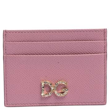 Pre Owned Dolce & Gabbana Pink Leather Crystal DG Card Holder