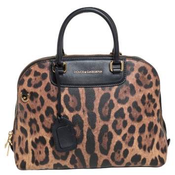 Pre Owned Dolce & Gabbana Black/Brown Animal Print Coated Canvas and Leather Megan Dome Satchel