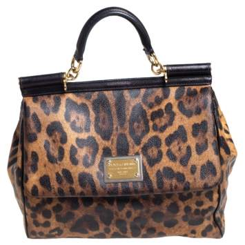 Pre Owned Dolce & Gabbana Black/Brown Leopard Print Coated Canvas Large Miss Sicily Top Handle Bag