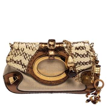 Pre Owned Dolce &Gabbana Beige/Brown Python Leather And Canvas Flap Shoulder Bag