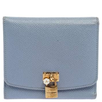 Pre Owned Dolce & Gabbana Blue Leather Padlock Trifold Compact Wallet