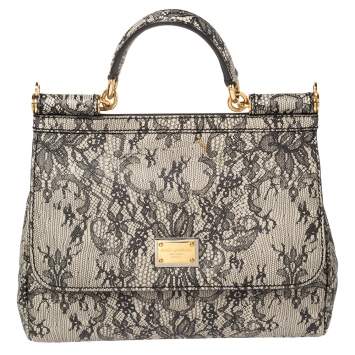 Pre Owned Dolce & Gabbana Beige/Black Lace Print Leather Medium Miss Sicily Top Handle Bag