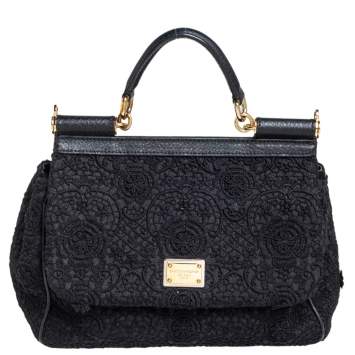 Pre Owned Dolce & Gabbana Black Lace Medium Miss Sicily Top Handle Bag