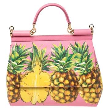 Pre Owned Dolce & Gabbana Pink Pineapple Printed Leather Miss Sicily Top Handle Bag
