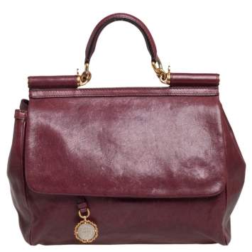 Pre Owned Dolce & Gabbana Burgundy Leather Large Miss Sicily Top Handle Bag