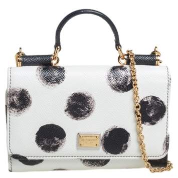 Pre Owned Dolce & Gabbana White/Black Polkadot Leather Miss Sicily Von Wallet on Chain