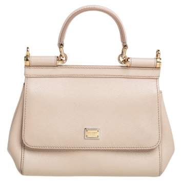 Pre Owned Dolce & Gabbana Beige Leather Small Miss Sicily Top Handle Bag