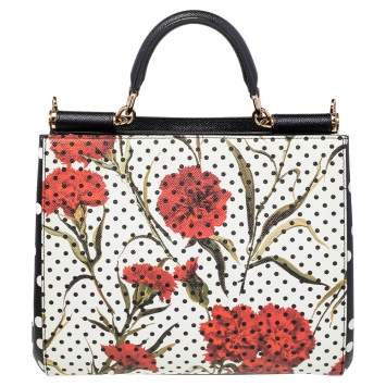 Pre Owned Dolce & Gabbana Black/White Polka Dot Floral Print Leather Medium Miss Sicily Top Handle Bag