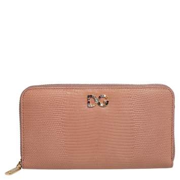Pre Owned Dolce & Gabbana Beige Lizard Embossed Leather Zip Around Wallet