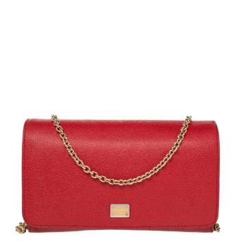 Pre Owned Dolce & Gabbana Red Leather Flap Chain Shoulder Bag