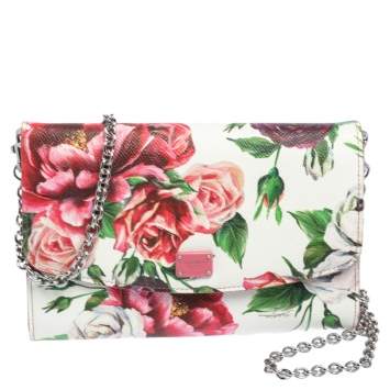 Pre Owned Dolce & Gabbana Pink Peony Print Leather Wallet On Chain