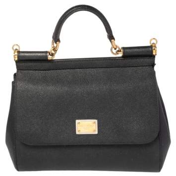 Pre Owned Dolce & Gabbana Black Leather Medium Miss Sicily Top Handle Bag