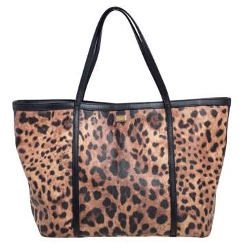 Pre Owned Dolce & Gabbana Black/Beige Leopard Print Coated Canvas and Leather Miss Escape Tote