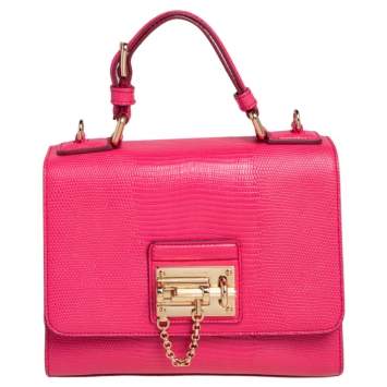 Pre Owned Dolce & Gabbana Pink Lizard Embossed Leather Small Miss Monica Top Handle Bag