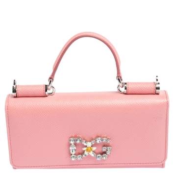 Pre Owned Dolce & Gabbana Pink Leather Miss Sicily Von Crystal Embellished Wallet On Chain
