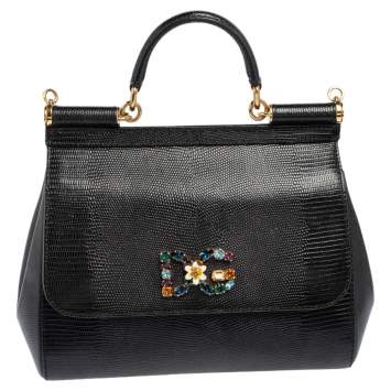 Pre Owned Dolce & Gabbana Black Lizard Embossed Leather Medium Miss Sicily Bag