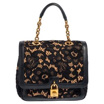 Pre Owned Dolce & Gabbana Black/Beige Lace and Leather Miss Dolce Top Handle Bag