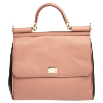 Pre Owned Dolce & Gabbana Pink/Black Leather Large Miss Sicily Top Handle Bag