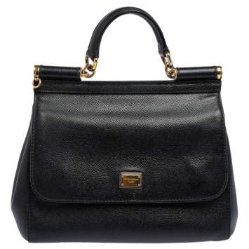 Pre Owned Dolce & Gabbana Black Leather Medium Miss Sicily Top Handle Bag