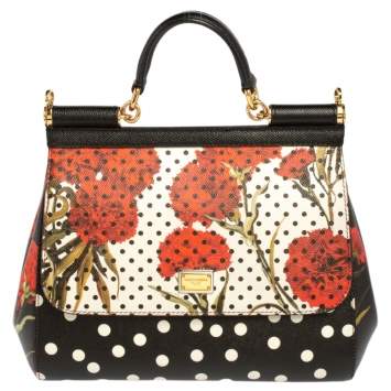 Pre Owned Dolce and Gabbana Multicolor Floral And Polka Dot Print Leather Medium Miss Sicily Top Handle Bag