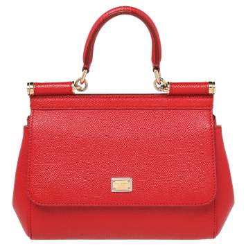 Pre Owned Dolce & Gabbana Bright Red Leather Small Miss Sicily Top Handle Bag