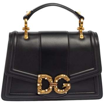 Pre Owned Dolce & Gabbana Black Leather DG Amore Top Handle Bag