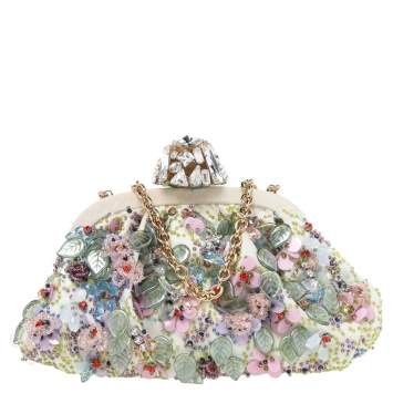 Pre Owned Dolce & Gabbana Off White Embellished Canvas Crystal Lock Frame Bag