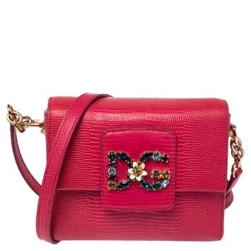 Pre Owned Dolce & Gabbana Fuschia Lizard Embossed Leather DG Millenials Crossbody Bag