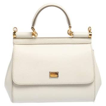 Pre Owned Dolce & Gabbana White Leather Small Miss Sicily Top Handle Bag