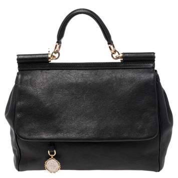 Pre Owned Dolce & Gabbana Black Leather Large Miss Sicily Top Handle Bag
