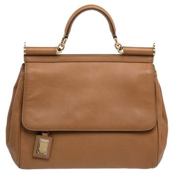 Pre Owned Dolce & Gabbana Brown Leather Large Miss Sicily Top Handle Bag