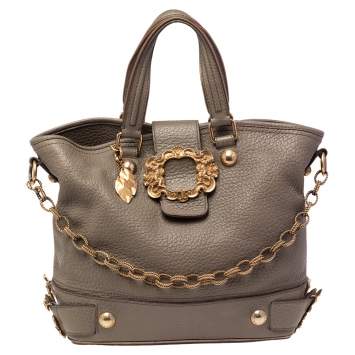 Pre Owned Dolce & Gabbana Olive Green Grained Leather Metal Logo Flap Tote