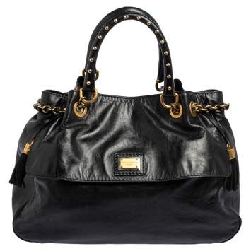 Pre Owned Dolce & Gabbana Black Soft Leather Drawstring Studded Handle Tote