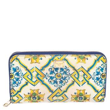 Pre Owned Dolce & Gabbana Multicolor Majolica Printed Leather Zip Around Wallet