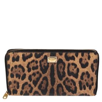 Pre Owned Dolce & Gabbana Black/Brown Leopard Print Coated Canvas Zip Around Wallet Organizer