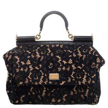 Pre Owned Dolce & Gabbana Black Lace And Leather Medium Miss Sicily Top Handle Bag