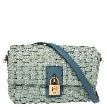 Pre Owned Dolce & Gabbana Blue Woven Raffia and Leather Padlock Shoulder Bag