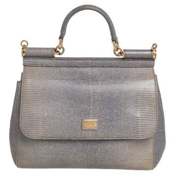 Pre Owned Dolce & Gabbana Grey Lizard Embossed Leather Medium Miss Sicily Bag