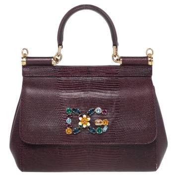 Pre Owned Dolce & Gabbana Dark Burgundy Lizard Embossed Leather Small Crystal Embellished Logo Sicily Top Handle Bag