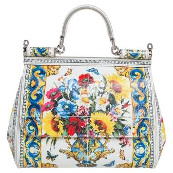 Pre Owned Dolce & Gabbana White/Multicolor Floral Print Leather Medium Miss Sicily Top Handle Bag